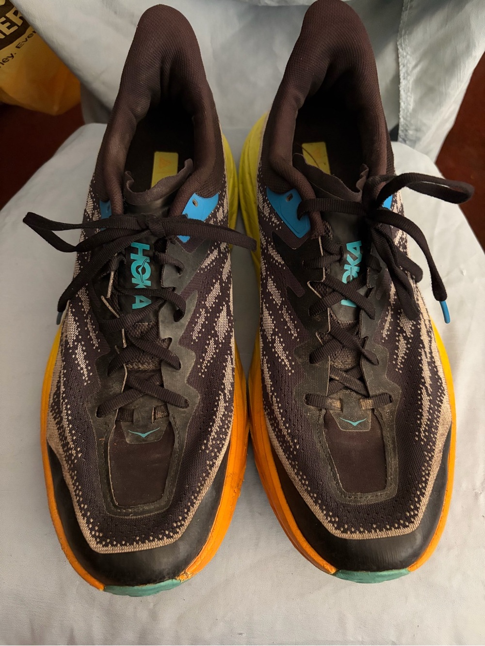 Hoka Men's Black with Yellow and Teal Athletic Running Shoes size 13D